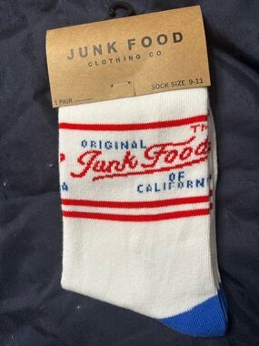 Junk Food Clothing White Crew Socks with Red Logo & Blue Toe